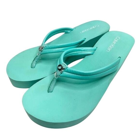 Calvin Klein Aqua Blue Wedge Flip Flops Sandals Size 11 - Picture 1 of 7